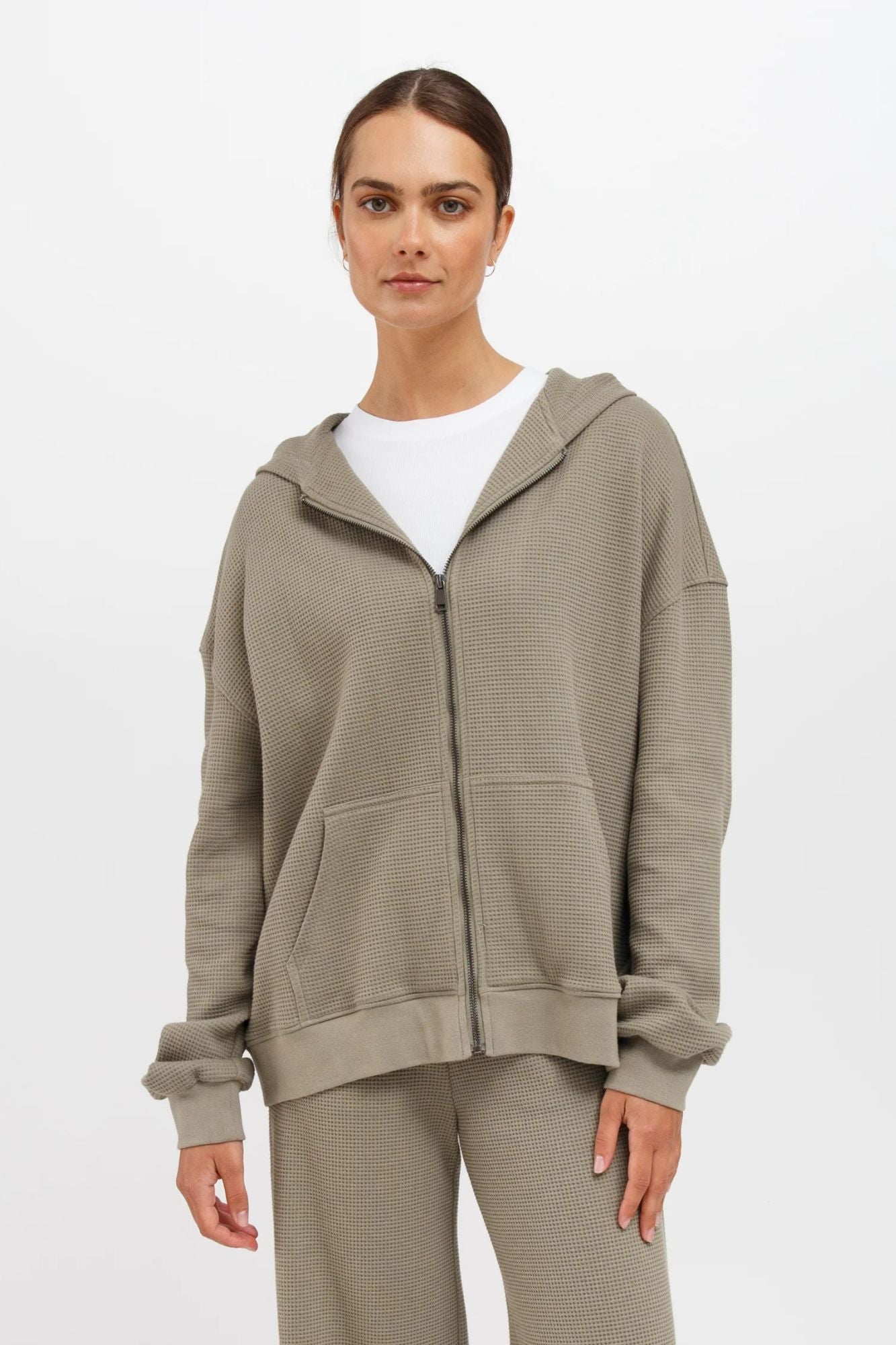 Waffle Knit Full Zip Oversized Hoodie