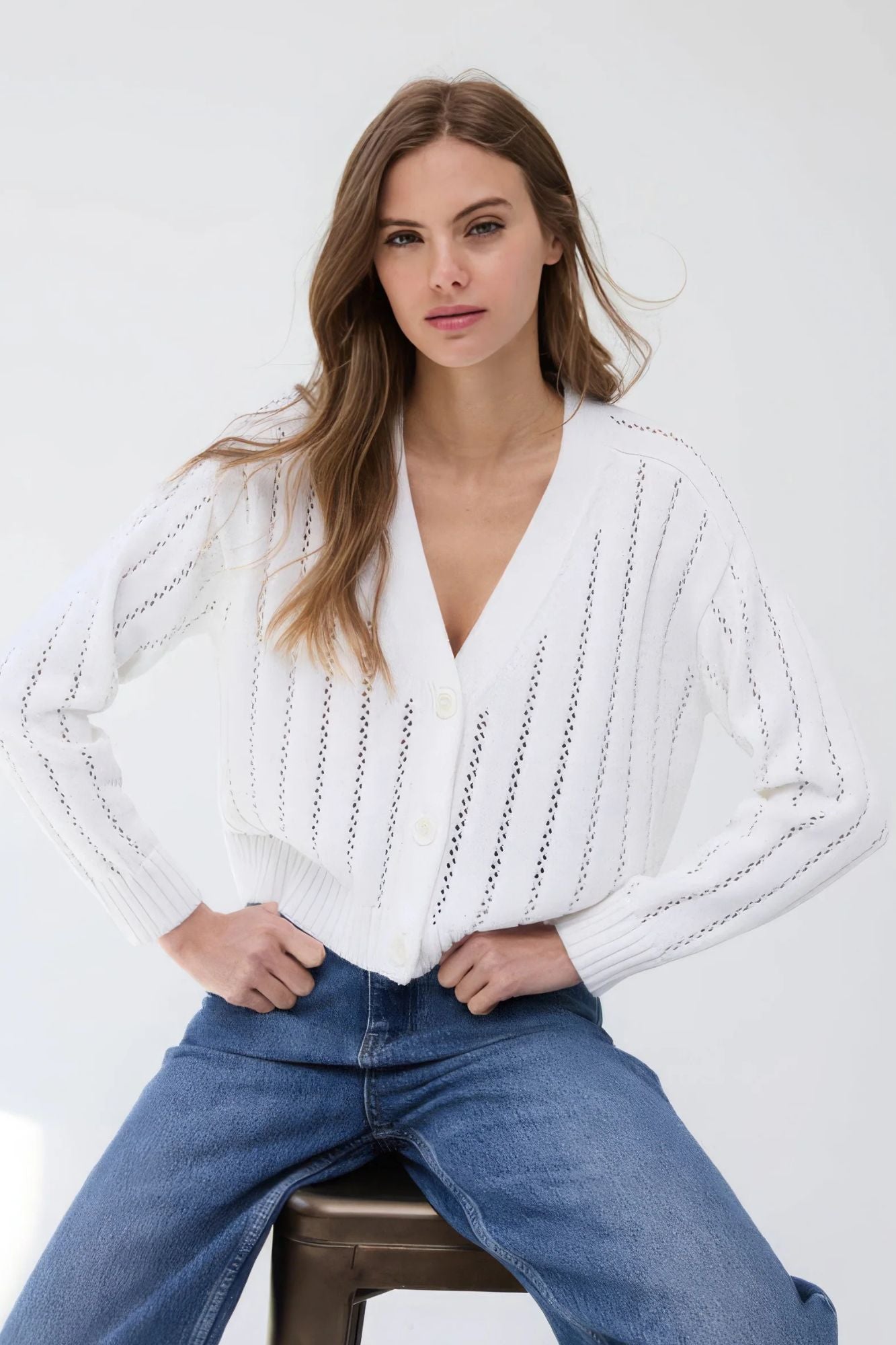 Cropped V Neck Ladder Stitch Cardi