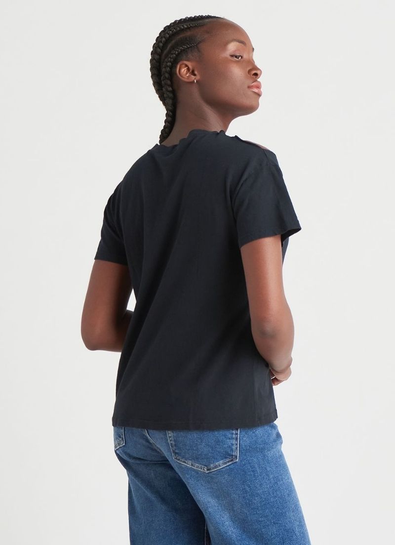 Black shirt with shoulder cutouts hotsell